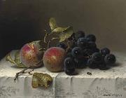 Johann Wilhelm Preyer Prunes and grapes on a damast tablecloth Sweden oil painting artist